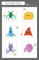 worksheet vector design, the task is to cut and glue a piece on colorful  monsters.  Logic game for children.