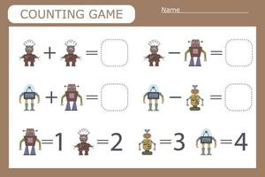 counting game with funny robots . Preschool worksheet, kids activity sheet, printable worksheet vector