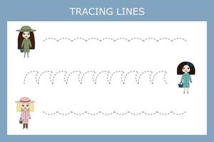 Tracing lines game with cute girls, dolls. Worksheet for preschool kids, kids activity sheet, printable worksheet vector