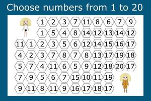 The task is to go through a maze of numbers from 1 to 20. Educational exercises for preschool children vector