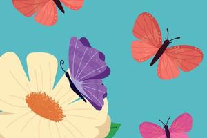 mariposas voladoras y flores vector