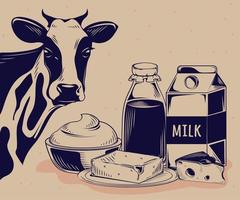 vaca y productos lácteos vector