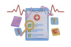 Document personal Checklist on a clipboard paper heart with heartbeat pulse line on blue background.Financial health and health insurance concept. 3d rendering png