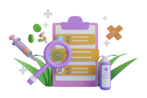 3d prescription rx with pills and medicines. Doctor's paper form, diagnosis, medical list with medications.Medical checkup as annual doctor health test appointment tiny person concept png