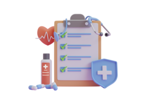 3d tolkning medicinsk Rapportera med blod rör , piller och stetoskop. signering hälsa checklista, medicinsk kolla upp upp rapport.3d framställa illustration png