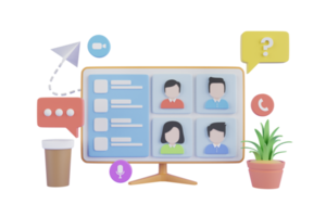 3D illustration of Online Meeting , home video call, online work conference concept. Virtual class, team education. Remote meeting, digital business chat. 3d rendering png