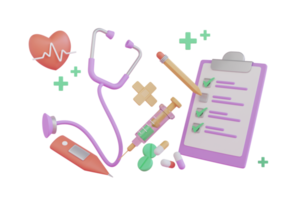 Concepto de seguro médico 3d rodeado de jeringa, termómetro, banda, estetoscopio y pastillas. lista de verificación médica. representación 3d png