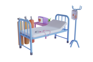 The patient's bed is surrounded by a pulse meter, a saline hose, stethoscope and a surgical device on a purple background. 3d rendering