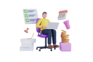 délai 3d et concept multitâche. maître productif, compétence en productivité et en gestion de projet, concept de travail multitâche et de gestion du temps, homme d'affaires habile. rendu 3d png