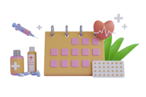 Representación 3d del calendario de medicamentos, recordatorio, concepto de notificación. pastillas, calendario, estetoscopio. chequeo médico como cita anual para la prueba de salud del médico concepto de persona pequeña. png