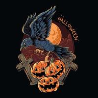 cuervo de halloween volando con calabaza vector