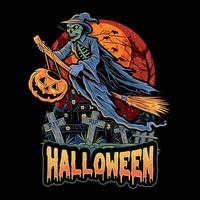 Halloween Skull Witch Flying With Broom vector