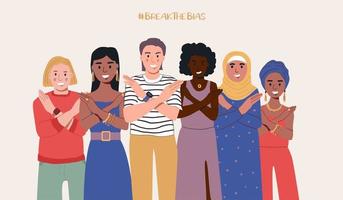 A group of women of different nationalities with their hands crossed. Break The Bias campaign. International Women's Day. Movement against discrimination and stereotypes. vector