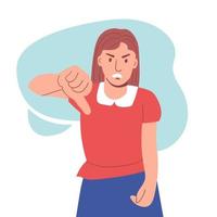 The angry girl puts her thumb down. A gesture of disapproval. Negative emotion of a man. dislike vector