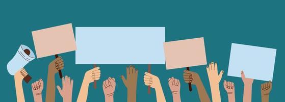 A crowd of people of different nationalities and at a protest. Hands holding empty templates of banners and a mouthpiece. Street demonstration and standing up for their rights vector