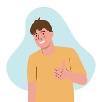 un hombre satisfecho levanta el pulgar hacia arriba. un gesto de aprobación. emoción positiva de la persona. todo bien. vector