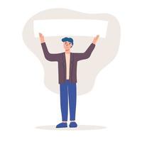 man is an activist holding a blank banner. Protest for human rights and social equality. Advertising template or ad. Participation in a peaceful demonstration. vector
