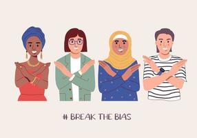 A group of women of different nationalities with their hands crossed. Break The Bias campaign. International Women's Day. Movement against discrimination and stereotypes vector