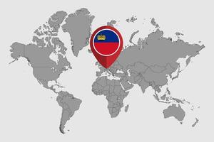 Pin map with Liechtenstein flag on world map. Vector illustration.