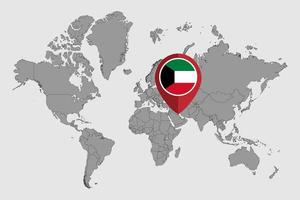 Pin map with Kuwait flag on world map. Vector illustration.