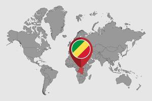 Pin map with Democratic Republic of the Congo flag on world map. Vector illustration.