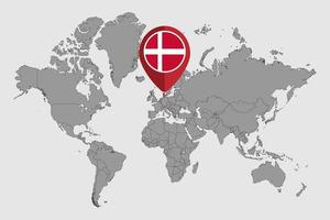 Pin map with Denmark flag on world map. Vector illustration.