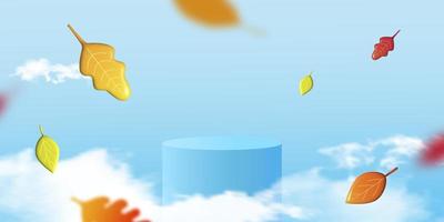 Cylindrical podium for displaying goods in the autumn season. Design with realistic clouds and colorful 3d leaves. Vector illustration.