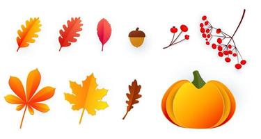 Hello, Autumn. Set of autumn elements in paper cut style. Leaves, berries, acorns, pumpkin. Template for the design of banners, posters, advertising, postcards, sales Vector illustration