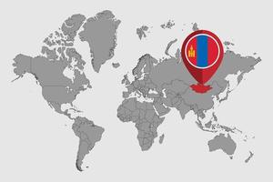 Pin map with Mongolia flag on world map. Vector illustration.