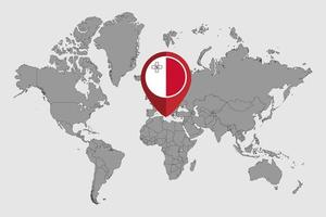 Pin map with Malta flag on world map. Vector illustration.