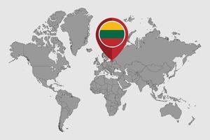 Pin map with Lithuania flag on world map. Vector illustration.