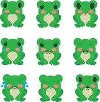 Set of cute frogs. Different emotions of cartoon toads. Vector illustration. Collection of green frogs isolated on white background. Design element for formation of sites posters brochures stationery