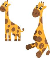 Cute spotted yellow giraffe on white background stands and sits. Vector illustration. Image for use in design of childrens products menu posters sites. Design element