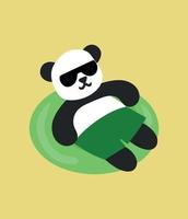 Concept of panda resting on inflatable ring. Panda in sunglasses in summer. Image isolated on colored background. Vector illustration. Design element for design of brochure websites posters