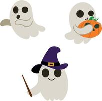 Set of cute halloween ghosts with pumpkin witch hat and magic wand. Design element isolated on white background. Vector illustration