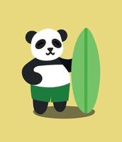 Cute cartoon panda with surfboard. Summer vacation. Vector illustration. Design element for design of menu posters posters banners postcards. Image of panda isolated on colored background