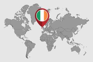 pin mapa con la bandera de irlanda en el mapa mundial. ilustración vectorial vector