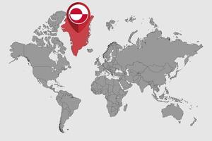 Pin map with Greenland flag on world map. Vector illustration.