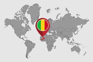 Pin map with Mali flag on world map. Vector illustration.