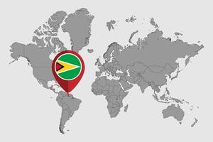 Pin map with Guyana flag on world map. Vector illustration.