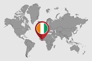 Pin map with Ivory Coast flag on world map. Vector illustration.