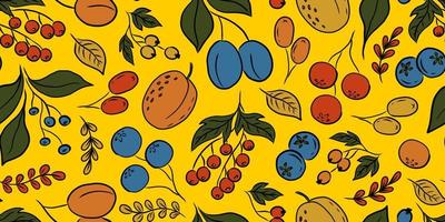 YELLOW VECTOR SEAMLESS PATTERN WITH COLORFUL FRUITS AND BERRIES