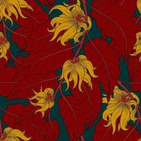 VECTOR SEAMLESS EMERALD PATTERN WITH YELLOW YLANG-YLANG FLOWERS ON RED BRANCHES