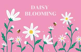 Cute Beautiful Bloom Daisy Flower on Field Bee Spring Summer White Pink Wedding Invitation Card Template Frame Border Banner Advertisement Post Postcard Print Horizontal Wallpaper Vector Illustration
