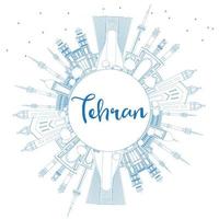 Outline Tehran Skyline with Blue Landmarks and Copy Space. vector