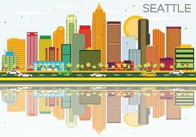 Abstract Seattle Skyline with Color Buildings and Reflections. vector