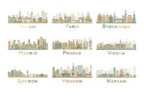 Set of 9 Abstract Europe City Skyline. Vector Illustration.