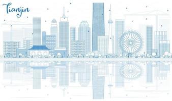 delinear el horizonte de tianjin con edificios azules y reflejos. vector
