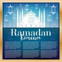 plantilla de tarjeta de felicitación ramadan kareem con mezquita blanca. vector