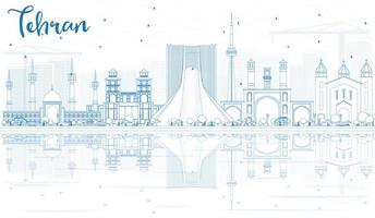 Outline Tehran Skyline with Blue Landmarks and Reflections. vector